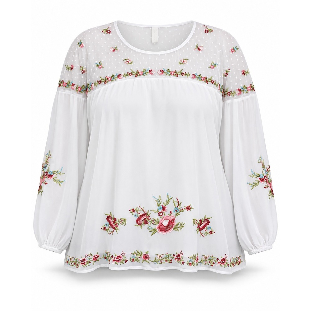 Cato Floral Embroidered Blouse 18/20W White Swiss Dot Mesh Peasant Top Boho